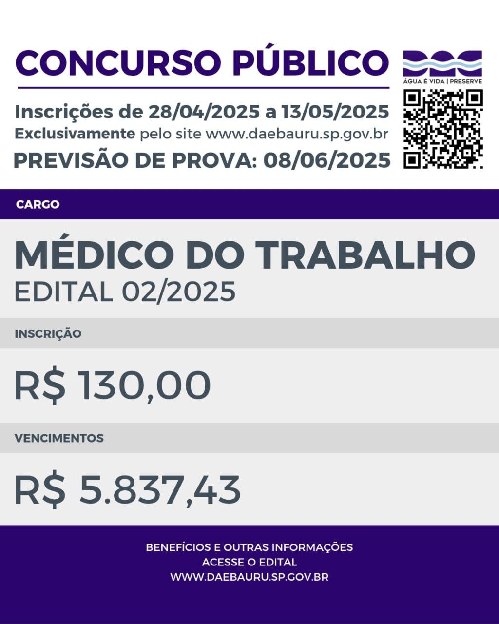 Concurso Público DAE Bauru: Inscrições para Médico do Trabalho Abertas a Partir de Segunda (28)