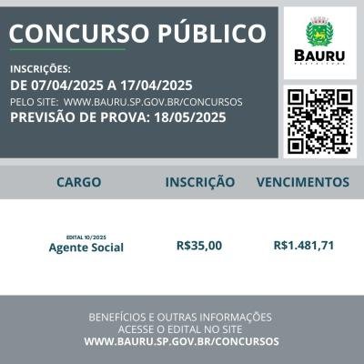 Prefeitura de Bauru vai abrir inscrições de concurso público para agente social