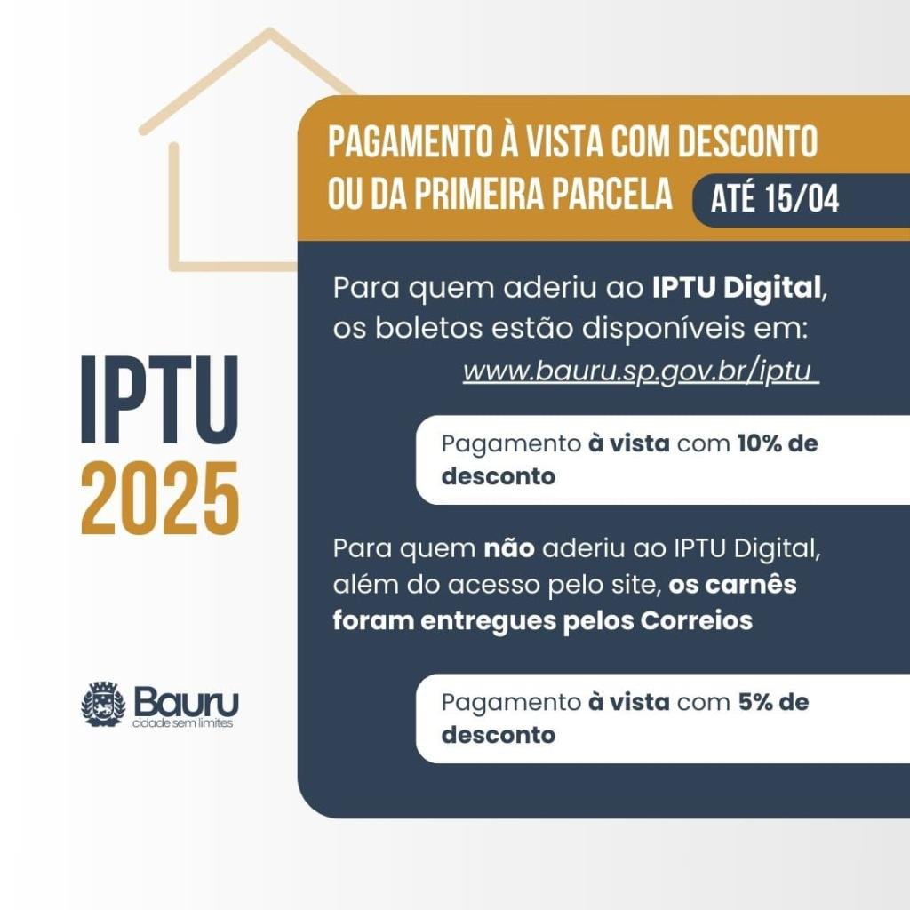 Pagamento do IPTU à vista com desconto segue até o dia 15 de abril