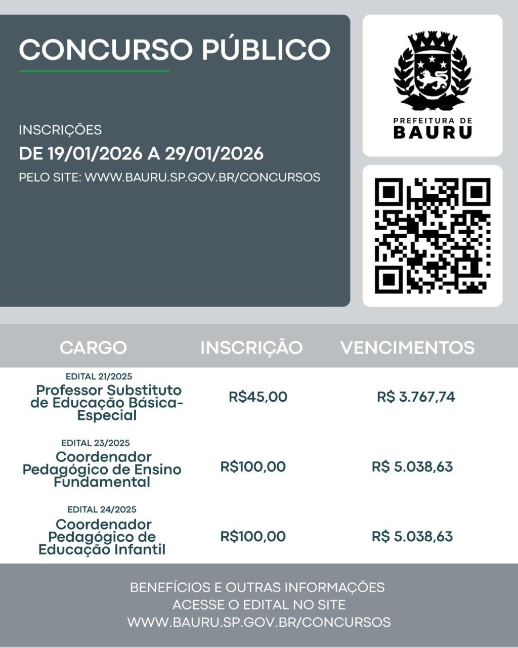 Prefeitura de Bauru abre inscrições para sete concursos públicos em janeiro de 2026