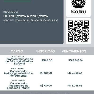 Prefeitura de Bauru abre inscrições para sete concursos públicos em janeiro de 2026